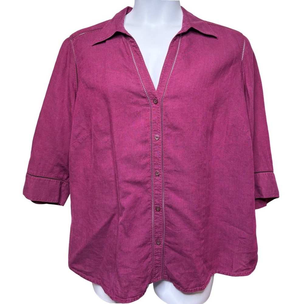 EDDIE BAUER Womens Magenta Purple Linen Button Shirt 2X Ladder Stitch Officewear
